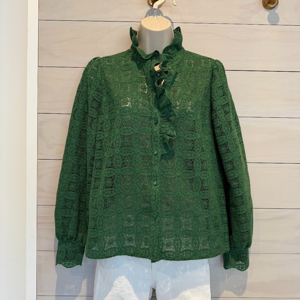 Sézane Chlo Shirt - Green Guipure Lace Ruffle - Long Sleeve - Size 34 (US 2)